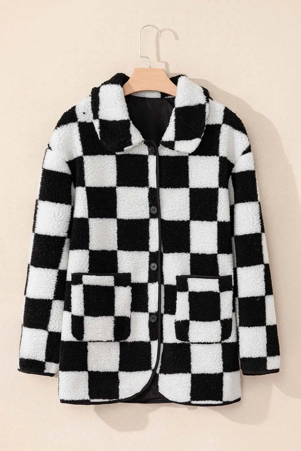 Black Checkered Side Pockets Collared Buttoned Fleece Jacket - Love Salve